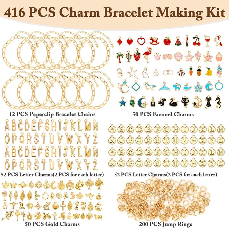 Flasoo 416 Pieces Gold Charm Bracelet Making Kit, Including Paperclip Chain Bracelets, Charms, Jump Rings for Jewelry Making - Image 2